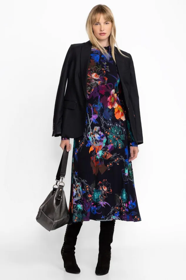 Women Plus Size Johnny Was THE JANIE FAVORITE SEAMED MOCK NECK DRESS Midnight Scarf Print