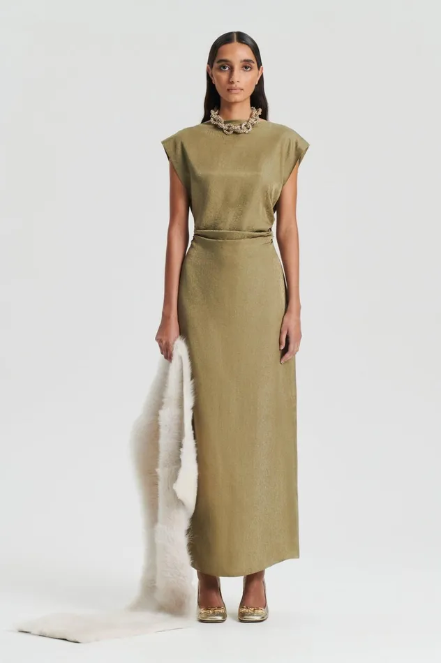 Women Scanlan Theodore Dresses SILK JACQUARD DRESS Olive