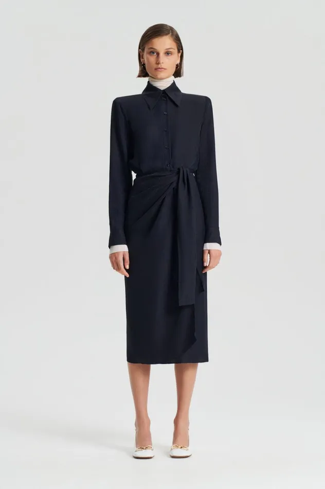 Women Scanlan Theodore Dresses SILK JAQUARD WRAP DRESS Navy