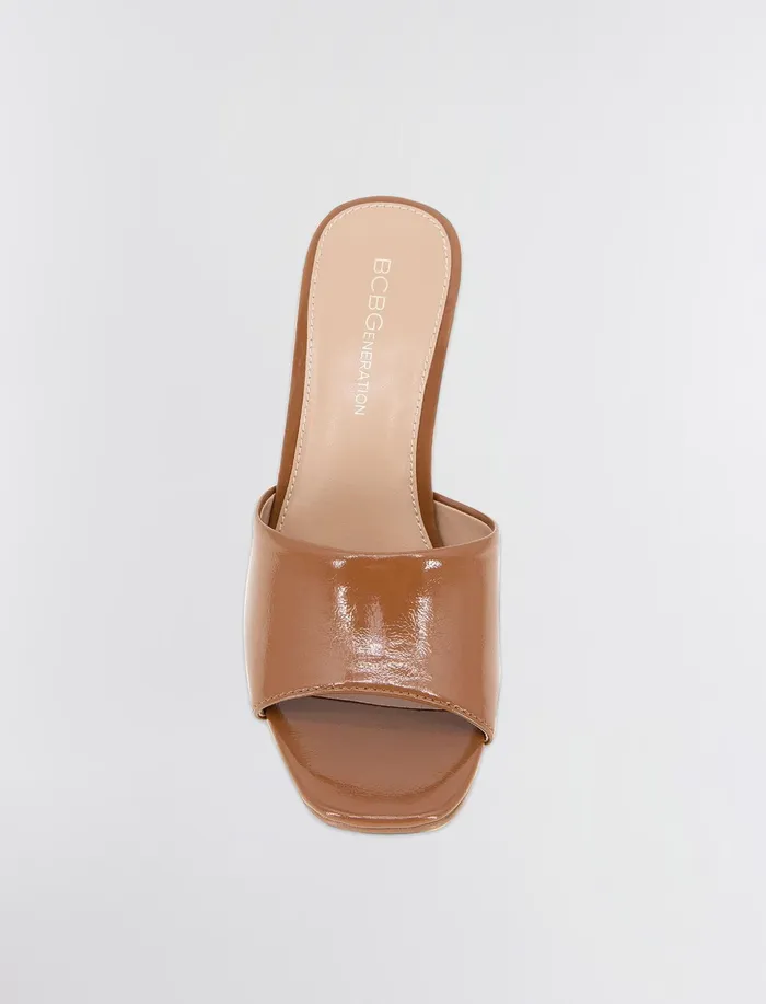 Women Shoes BCBG Brown Patent Giani Wedge Sandal Sugar Almond Patent
