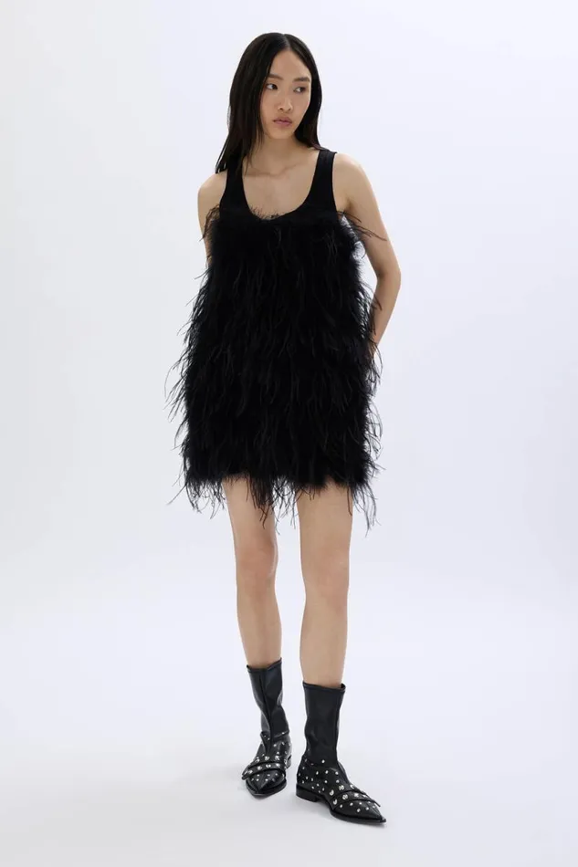 Women Short Dress In Jersey And Feathers Black Black Sonia Rykiel Short Dresses