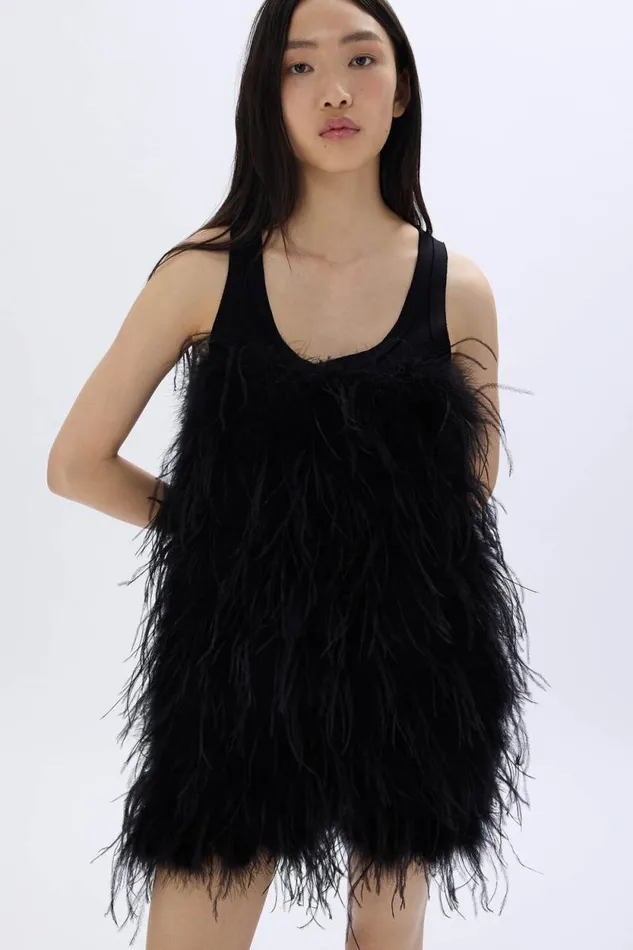 Women Short Dress In Jersey And Feathers Black Black Sonia Rykiel Short Dresses
