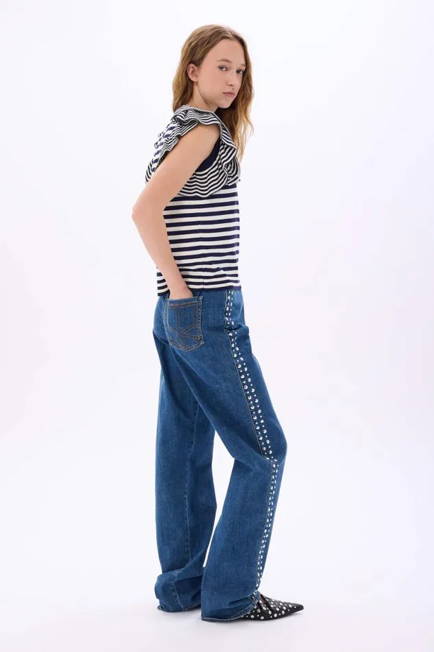 Women Shortsleeve Striped Sweater With Ruffles Striped Whiteblue Multi Sonia Rykiel Sweaters