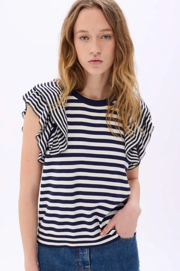 Women Shortsleeve Striped Sweater With Ruffles Striped Whiteblue Multi Sonia Rykiel Sweaters