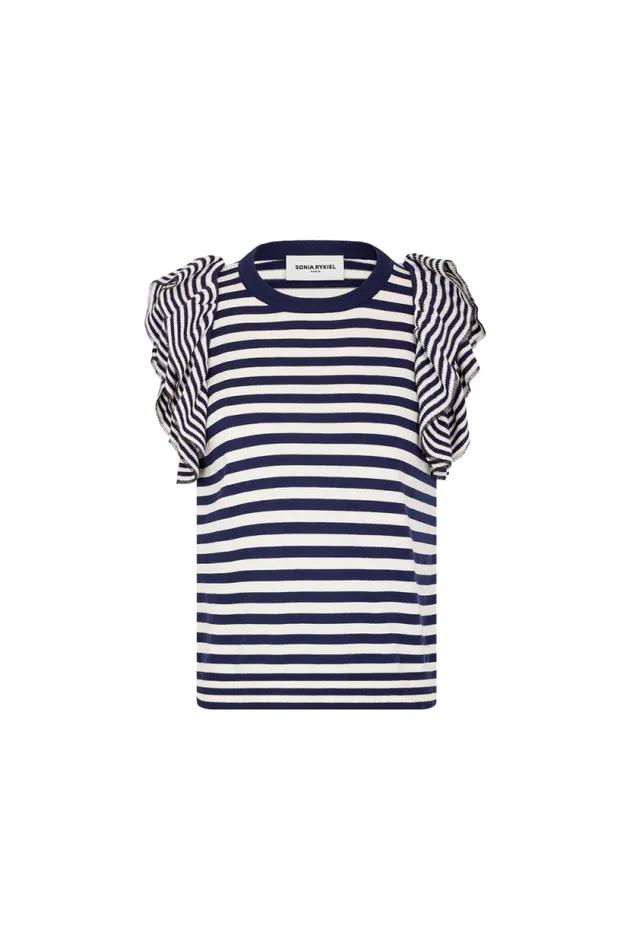 Women Shortsleeve Striped Sweater With Ruffles Striped Whiteblue Multi Sonia Rykiel Sweaters