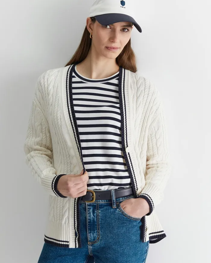 Women Sportscraft Knits and Cardigans Elka Club Sport Cable Cardigan Creamnavy