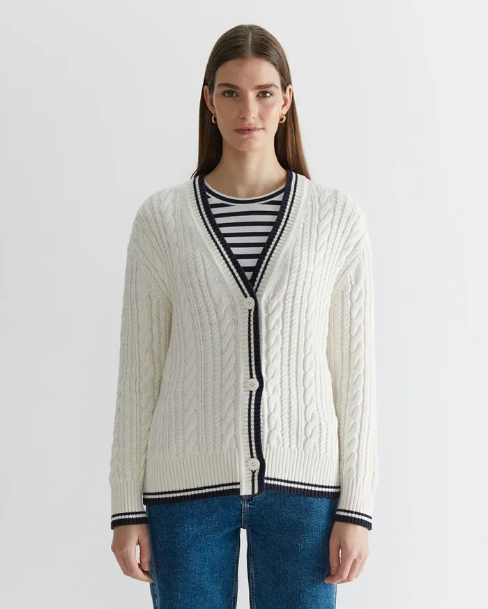 Women Sportscraft Knits and Cardigans Elka Club Sport Cable Cardigan Creamnavy