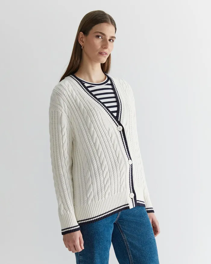 Women Sportscraft Knits and Cardigans Elka Club Sport Cable Cardigan Creamnavy