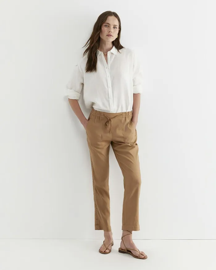 Women Sportscraft Pants Rosa Lace Trim Linen Pant Tan