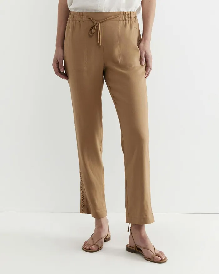 Women Sportscraft Pants Rosa Lace Trim Linen Pant Tan