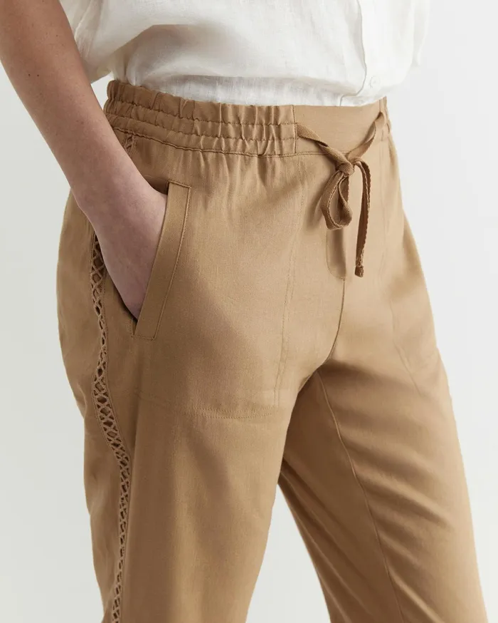 Women Sportscraft Pants Rosa Lace Trim Linen Pant Tan