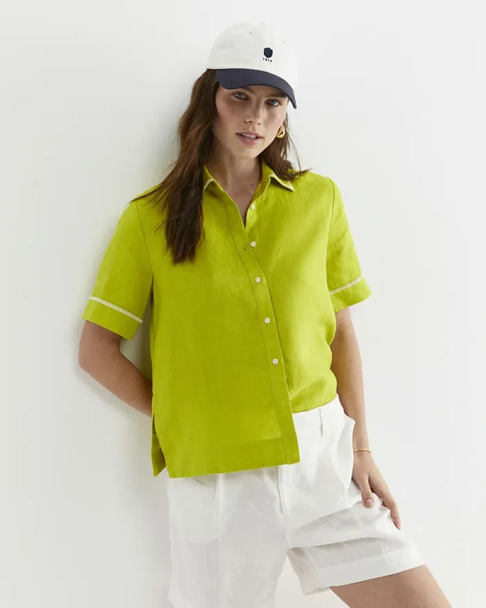 Women Sportscraft Shirts Lulu Blanket Stitch Linen Shirt Celery