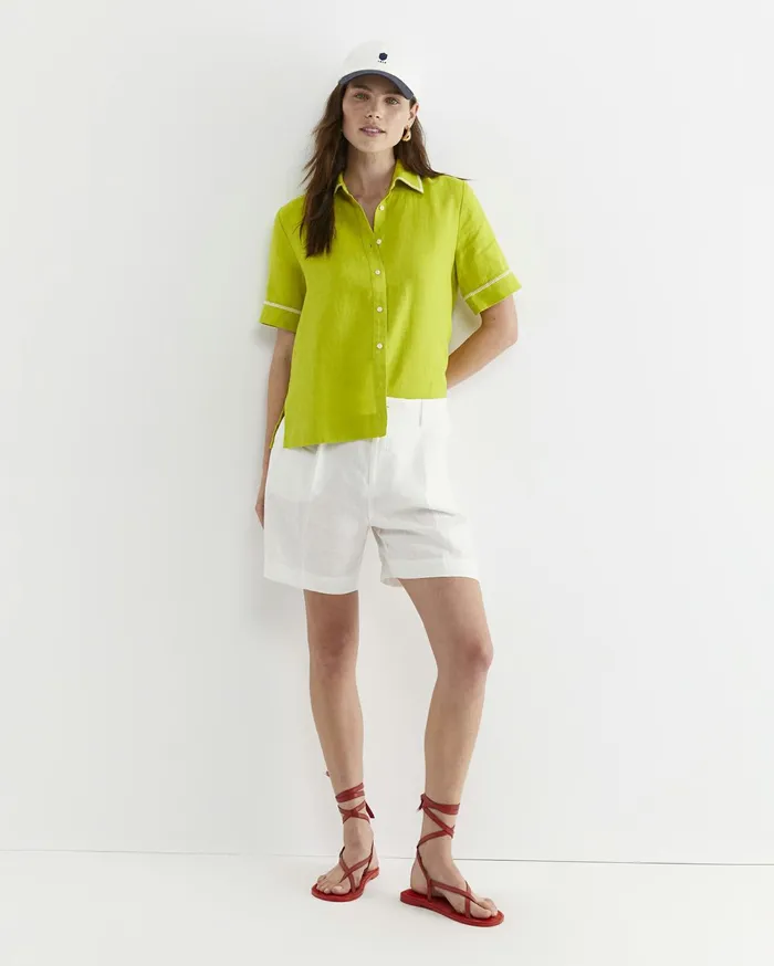 Women Sportscraft Shirts Lulu Blanket Stitch Linen Shirt Celery
