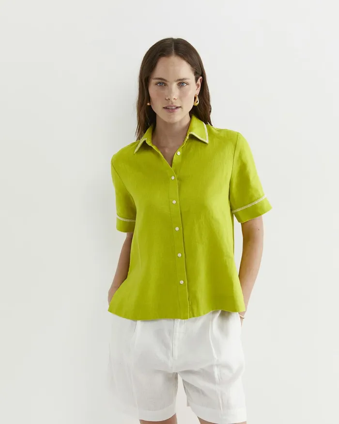 Women Sportscraft Shirts Lulu Blanket Stitch Linen Shirt Celery