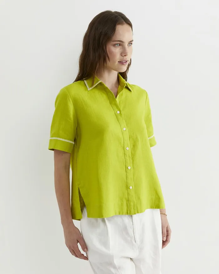 Women Sportscraft Shirts Lulu Blanket Stitch Linen Shirt Celery