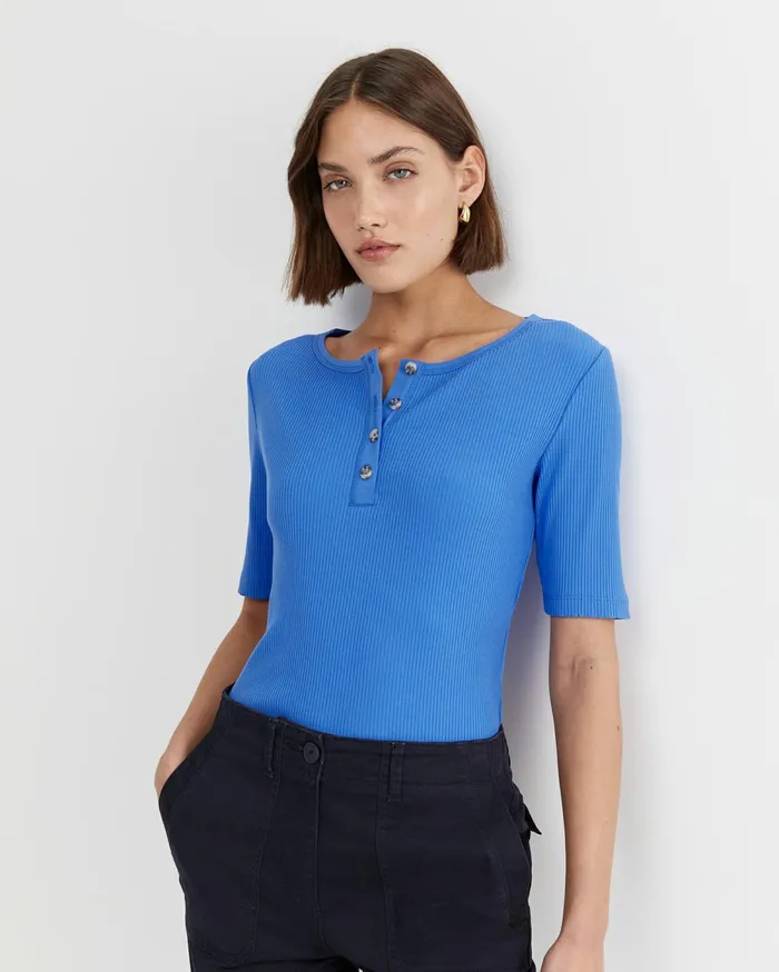 Women Sportscraft Tops and Tees Allie Rib Henley Tee Cerulean