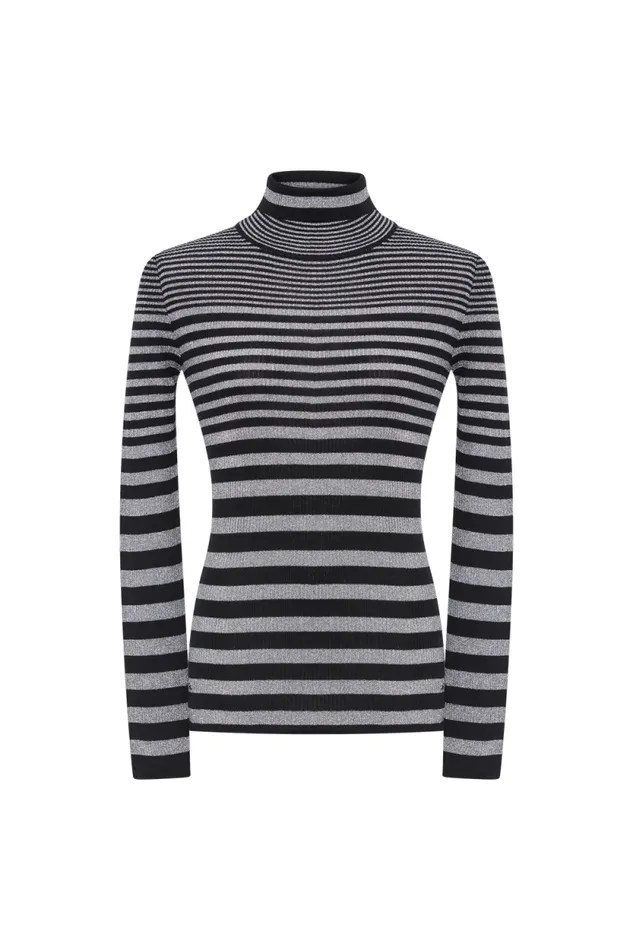 Women Striped Turtleneck Sweater In Wool And Lurex Blacksilver Multi Sonia Rykiel Sweaters
