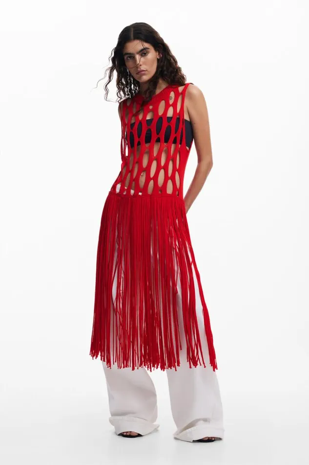 Women Tshirts Desigual Red Fringe Top