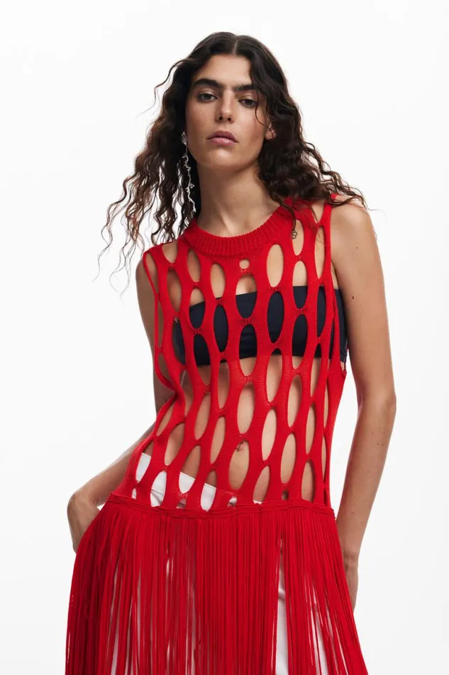 Women Tshirts Desigual Red Fringe Top