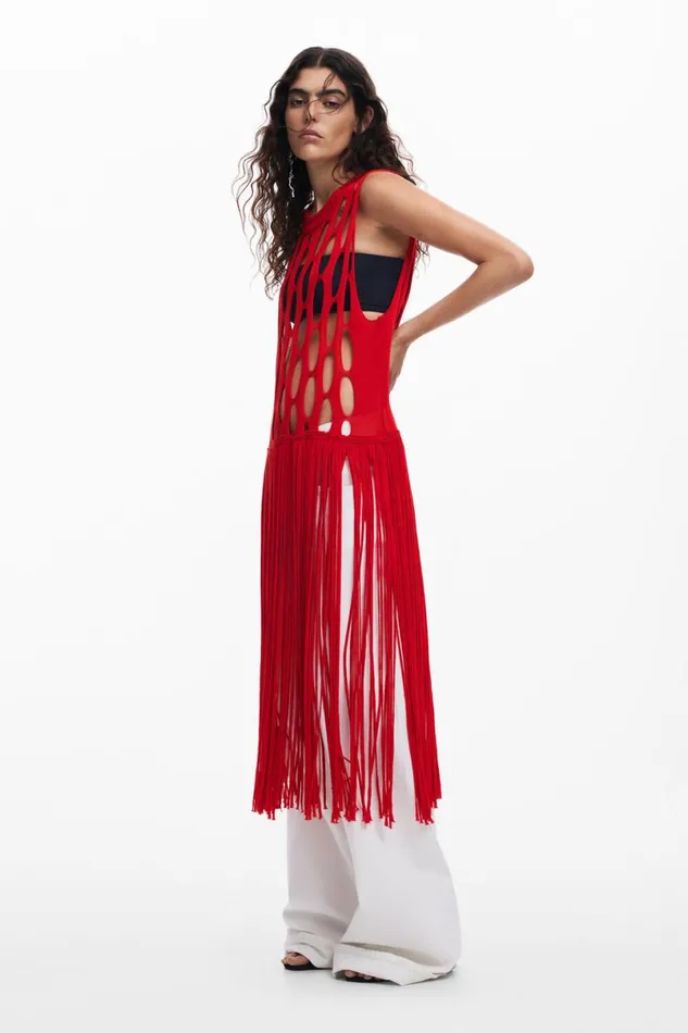 Women Tshirts Desigual Red Fringe Top