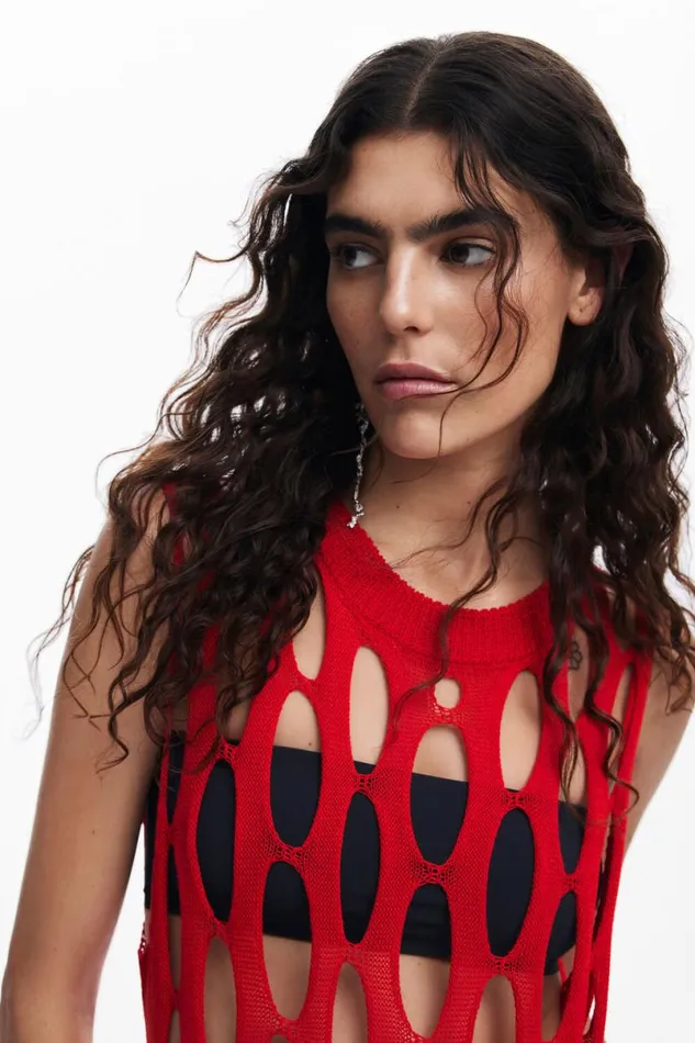 Women Tshirts Desigual Red Fringe Top