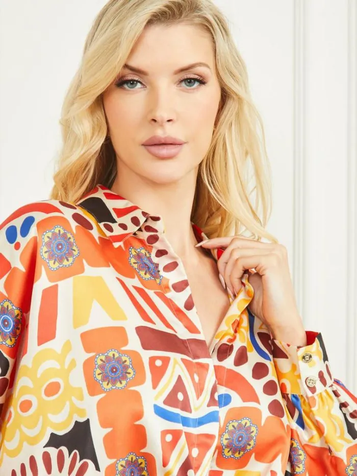 Women Tops And Sweaters Marciano Carnivale Printed Satin Top Carnivale Print Women Tops And Sweaters Marciano Carnivale Printed Satin Top Carnivale Print