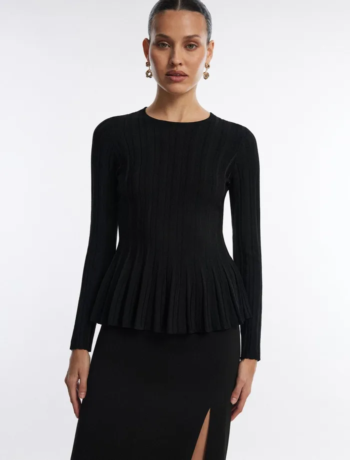 Women Tops BCBG Black Long Sleeve Peplum Top Black
