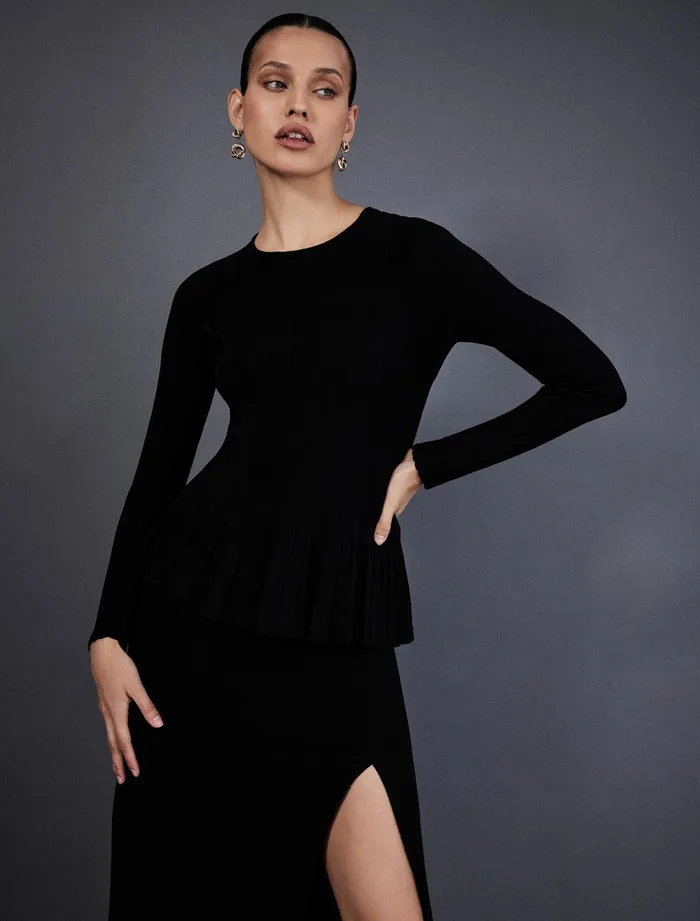 Women Tops BCBG Black Long Sleeve Peplum Top Black