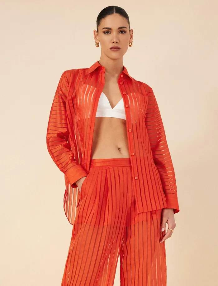 Women Tops BCBG Sheer Stripe Button Down Shirt Pumpkin