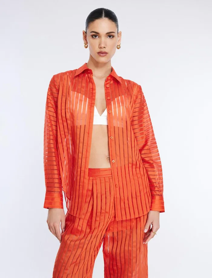 Women Tops BCBG Sheer Stripe Button Down Shirt Pumpkin
