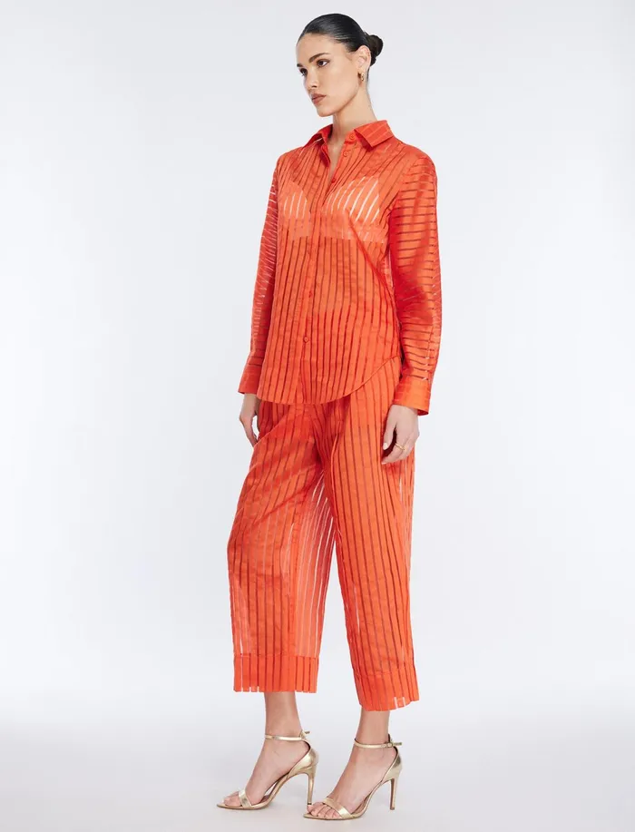Women Tops BCBG Sheer Stripe Button Down Shirt Pumpkin