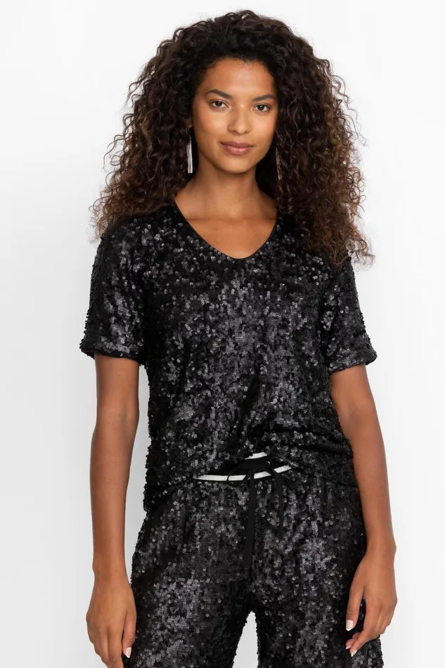 Women Tops Johnny Was BRADLEY SEQUIN BLOUSE Black Sequin