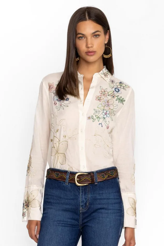 Women Tops Johnny Was VINTAGE BUTTON DOWN SHIRT Ecru
