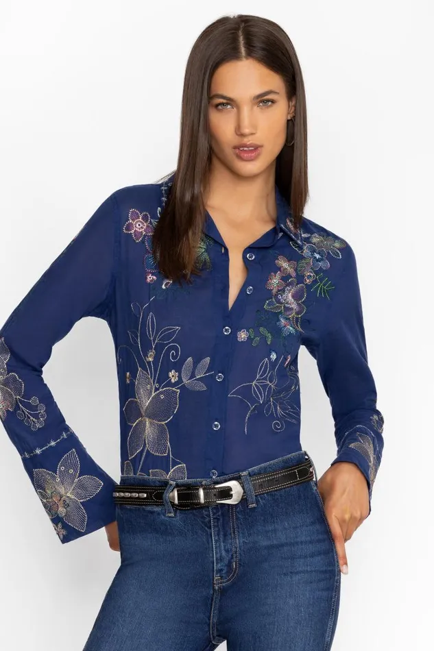 Women Tops Johnny Was VINTAGE BUTTON DOWN SHIRT Navy