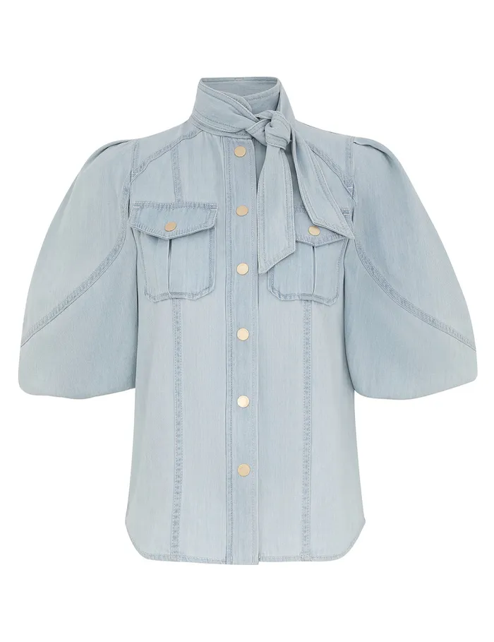 Women Zimmermann Clothing Acacia Denim Lantern Blouse Ice Storm