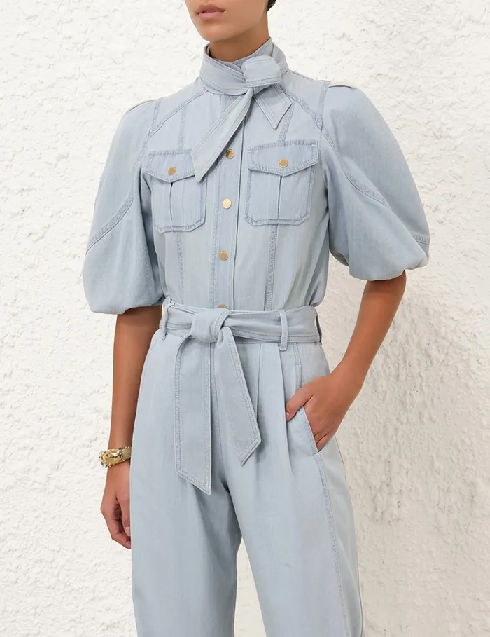 Women Zimmermann Clothing Acacia Denim Lantern Blouse Ice Storm