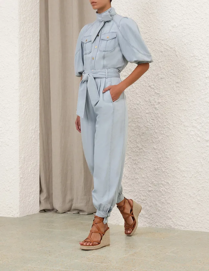 Women Zimmermann Clothing Acacia Denim Lantern Blouse Ice Storm