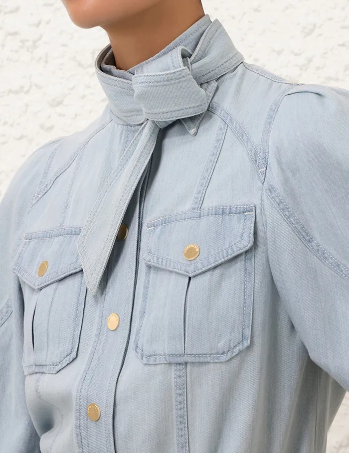 Women Zimmermann Clothing Acacia Denim Lantern Blouse Ice Storm