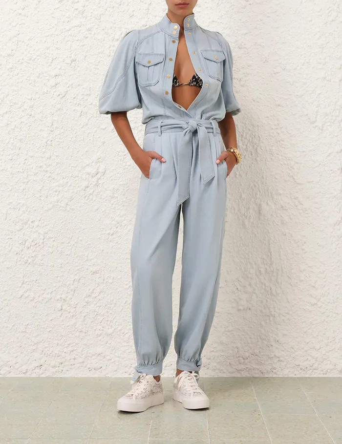 Women Zimmermann Clothing Acacia Denim Lantern Blouse Ice Storm
