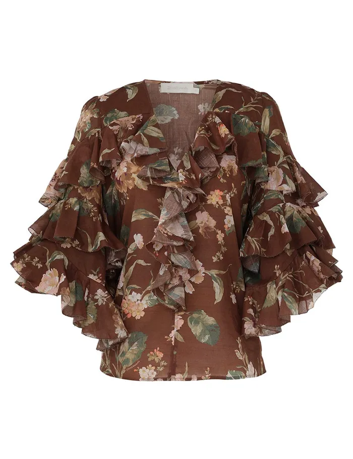 Women Zimmermann Clothing Acacia Ruffle Blouse Chocolate Floral
