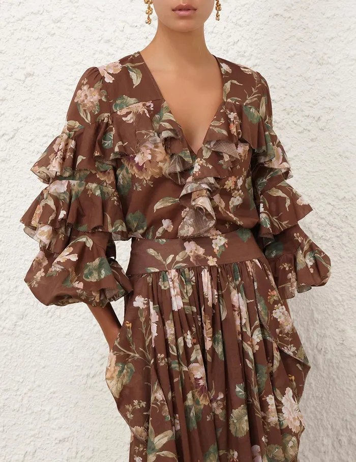 Women Zimmermann Clothing Acacia Ruffle Blouse Chocolate Floral