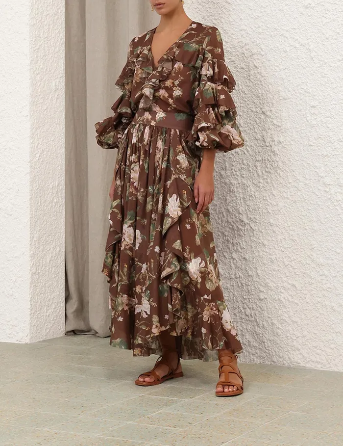Women Zimmermann Clothing Acacia Ruffle Blouse Chocolate Floral