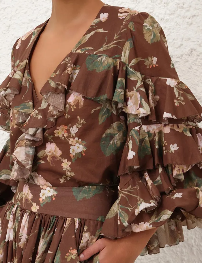Women Zimmermann Clothing Acacia Ruffle Blouse Chocolate Floral