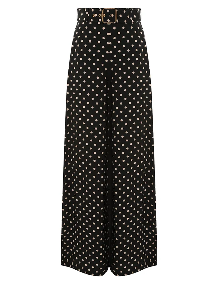 Women Zimmermann Clothing Belted Wide Leg Pant Blackcream Dot