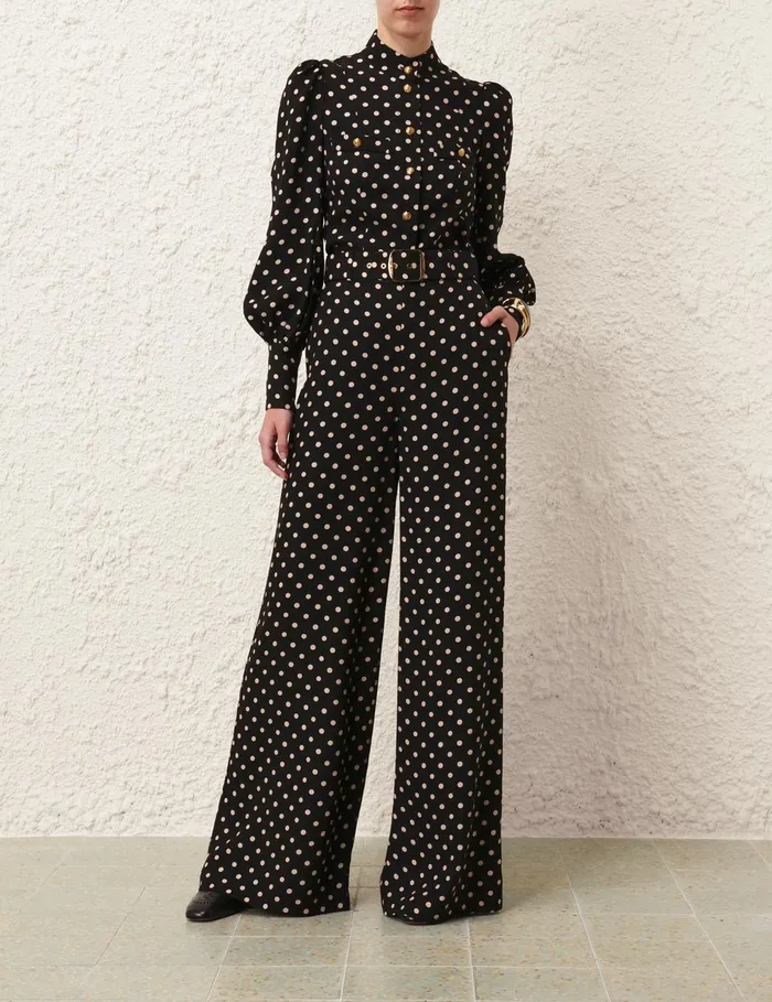 Women Zimmermann Clothing Belted Wide Leg Pant Blackcream Dot