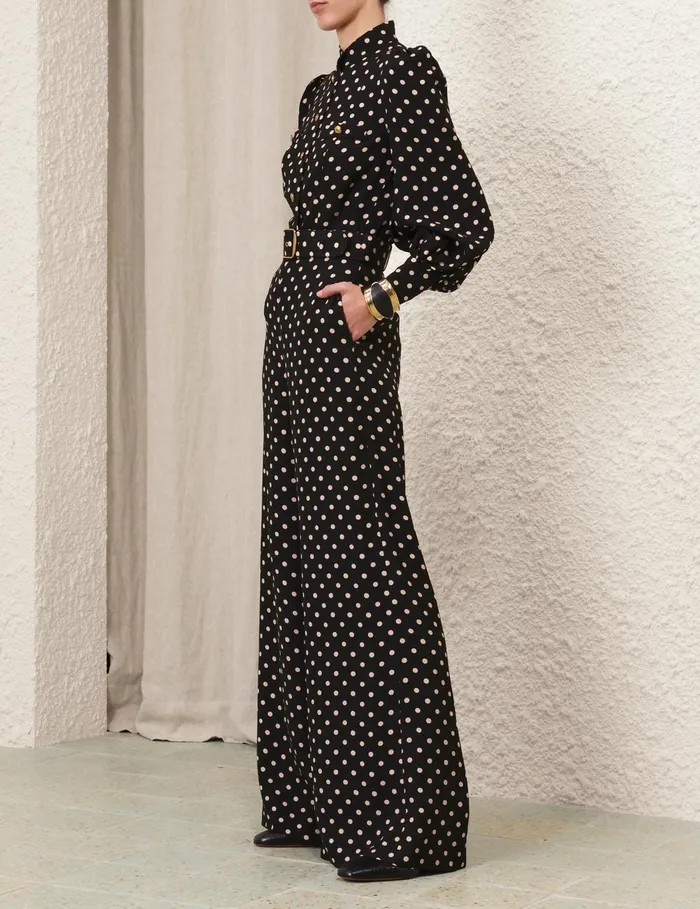 Women Zimmermann Clothing Belted Wide Leg Pant Blackcream Dot