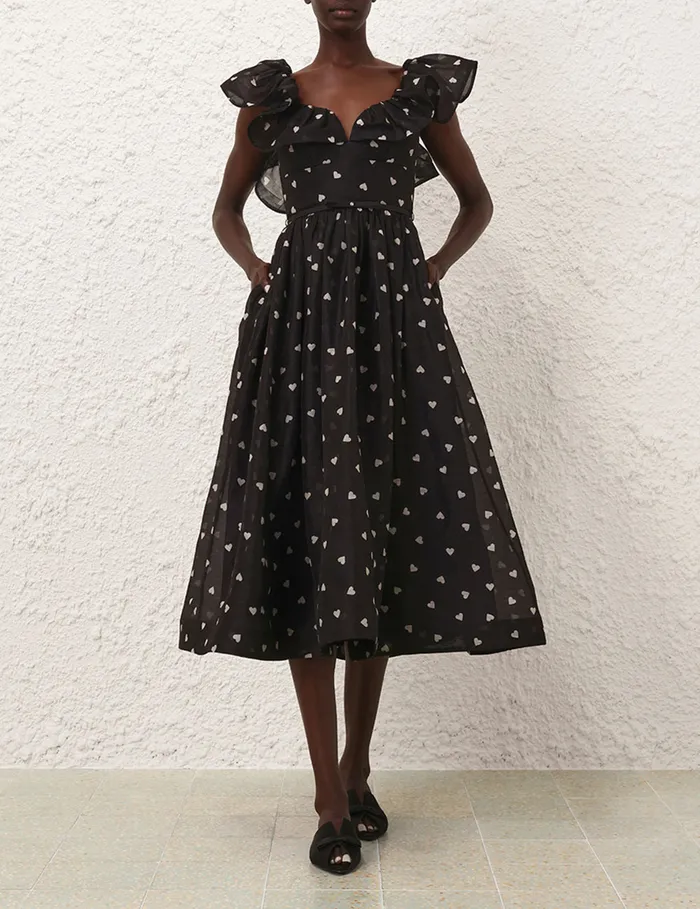 Women Zimmermann Clothing Crush Frilled Midi Dress Black Hearts