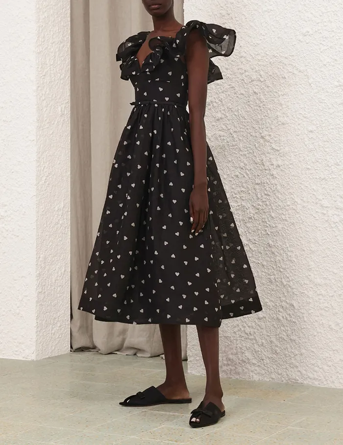 Women Zimmermann Clothing Crush Frilled Midi Dress Black Hearts