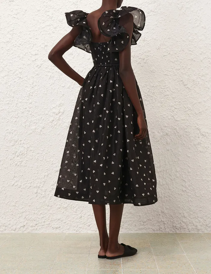 Women Zimmermann Clothing Crush Frilled Midi Dress Black Hearts