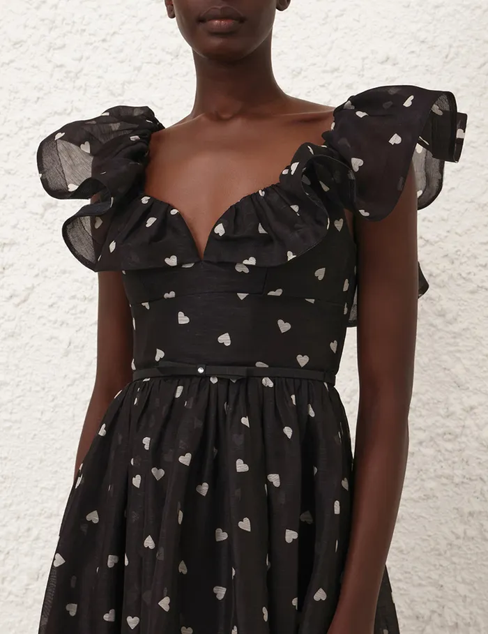 Women Zimmermann Clothing Crush Frilled Midi Dress Black Hearts